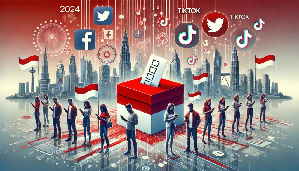 Kolase digital Pemilu 2024 menampilkan kotak suara, ikon media sosial seperti Facebook, Twitter, dan TikTok, serta pemilih muda dengan smartphone, menggambarkan keterlibatan digital dalam politik Indonesia